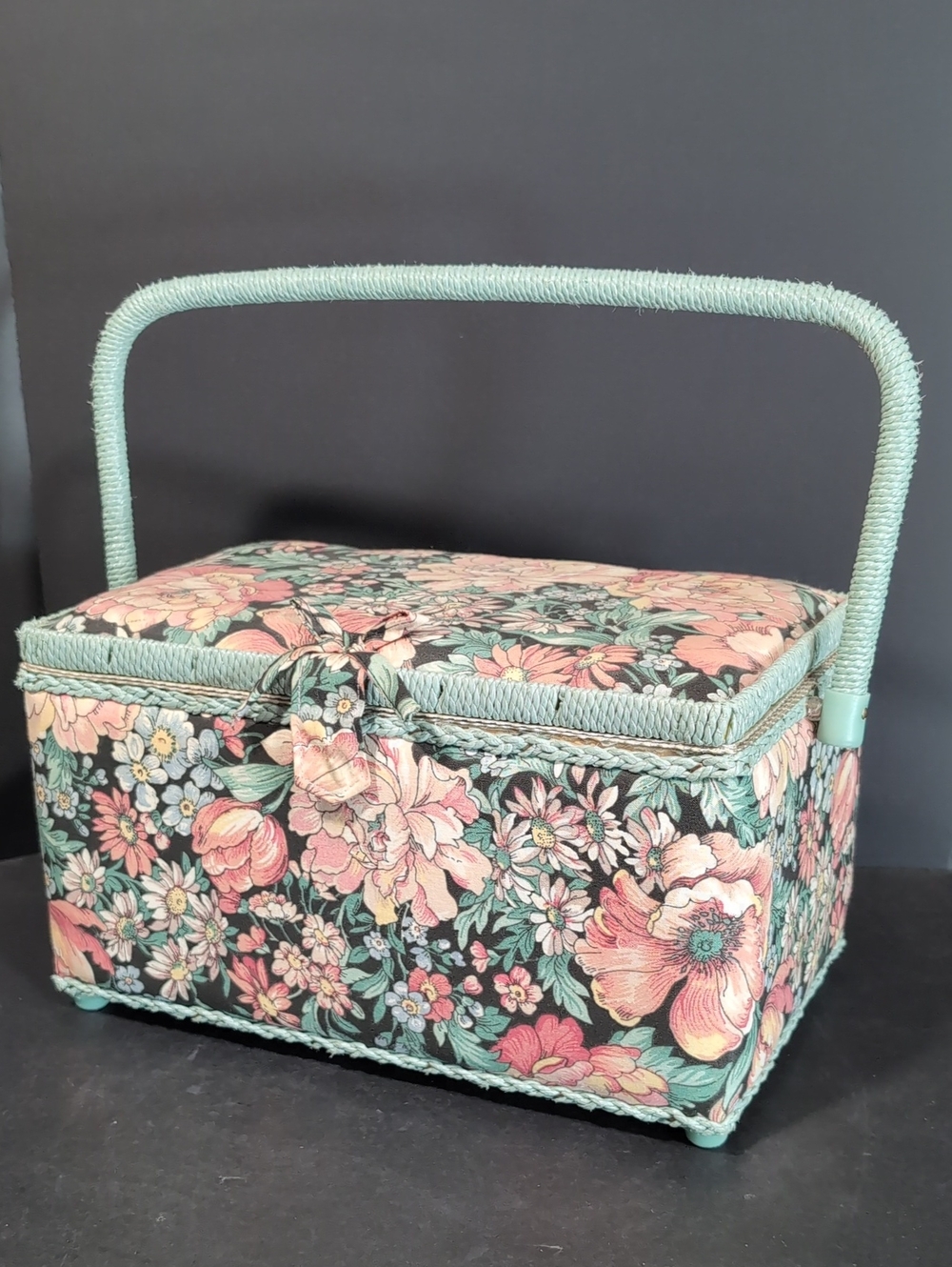 VGT, Sewing/Craft Basket With Blue Woven Trim/Handle And Floral Fabric.